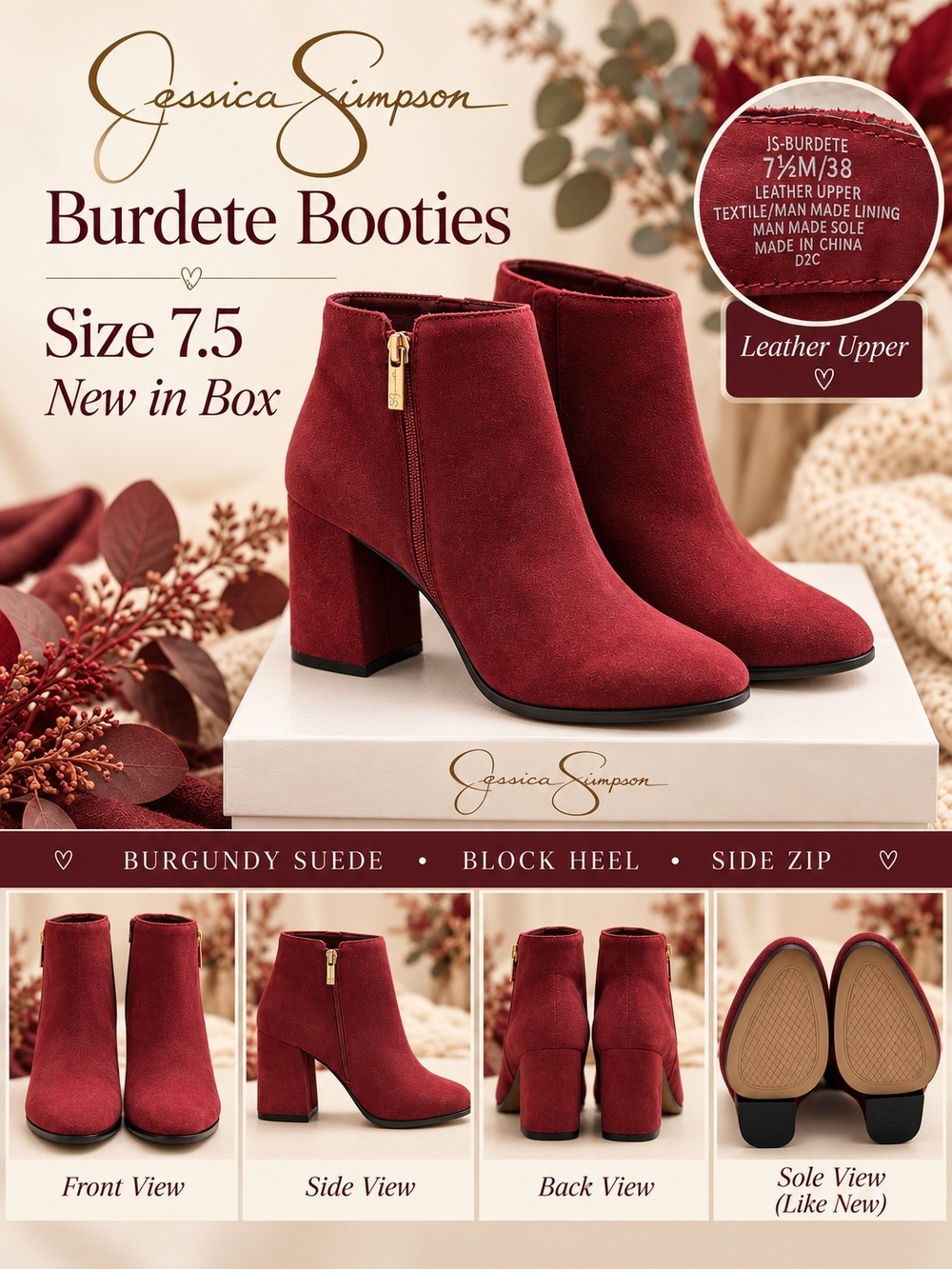Jessica Simpson Burdete Burgundy Suede Block Heel Booties 7.5 NIB